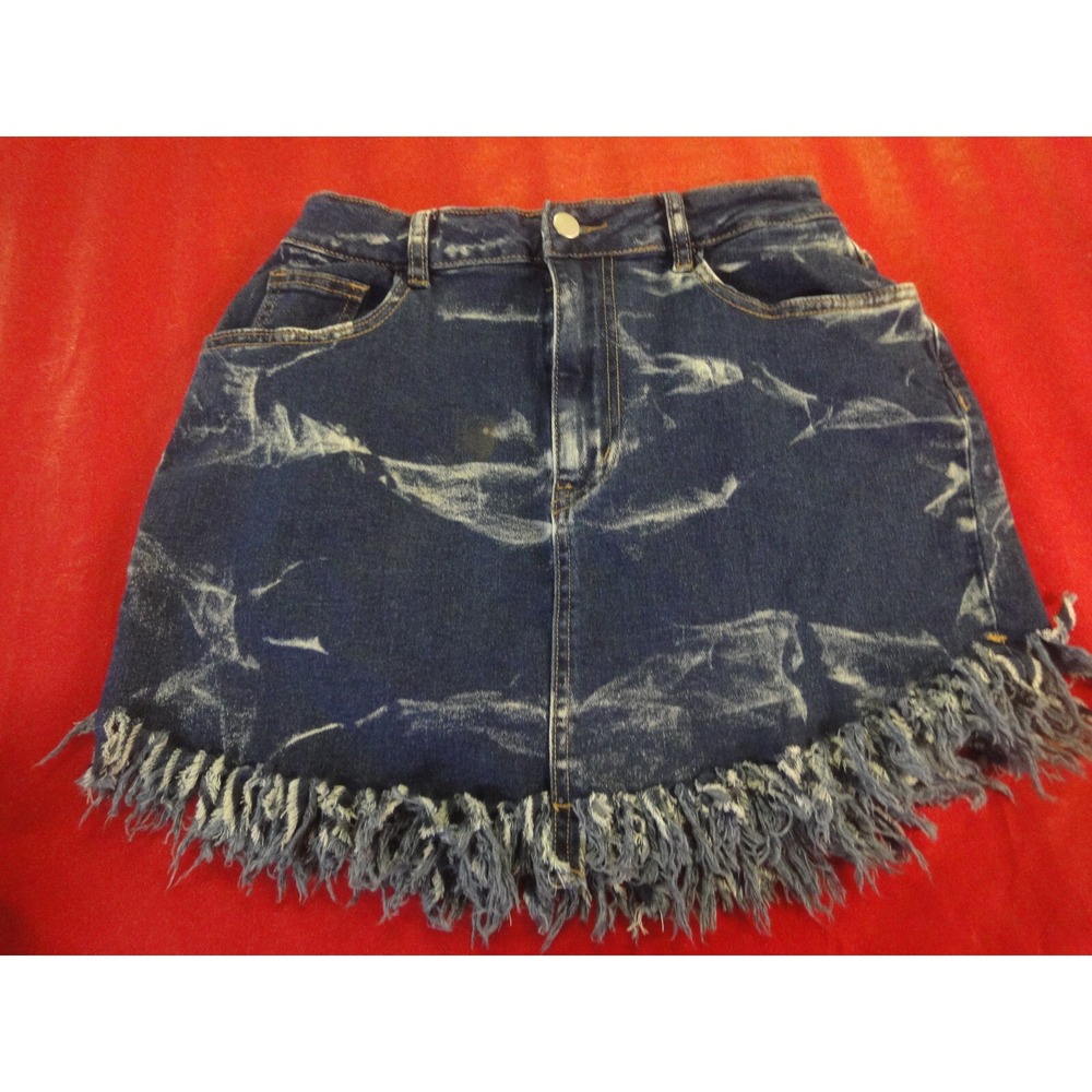 Shein SXY fit for you denim blue jean fringe bottom skirt size 26 NWT